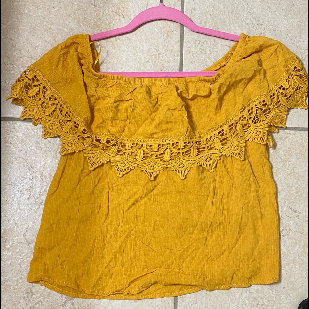 off the shoulder dark yellow crop top